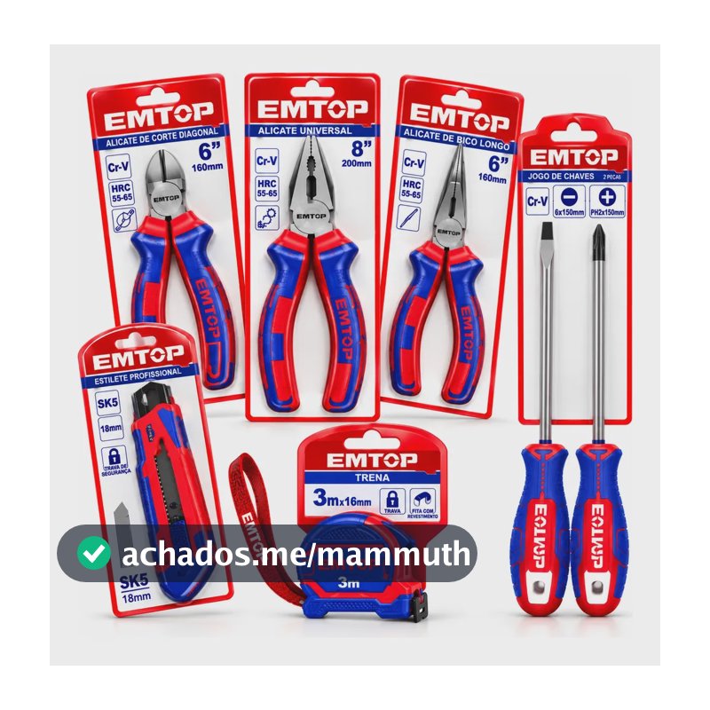 Kit 6 Ferramentas Emtop Alicates Chaves Estilete Trena Azul E Vermelho