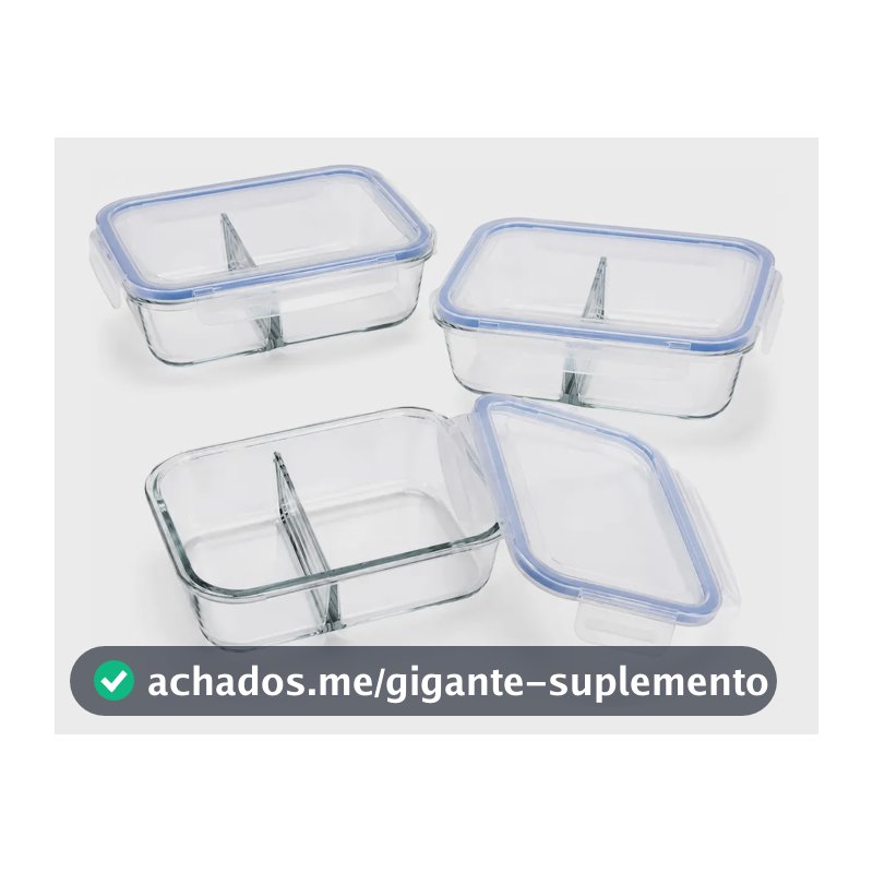 Conjunto 3 Potes Hermético Vidro C/ Divisória Marmita 640ml Transparente