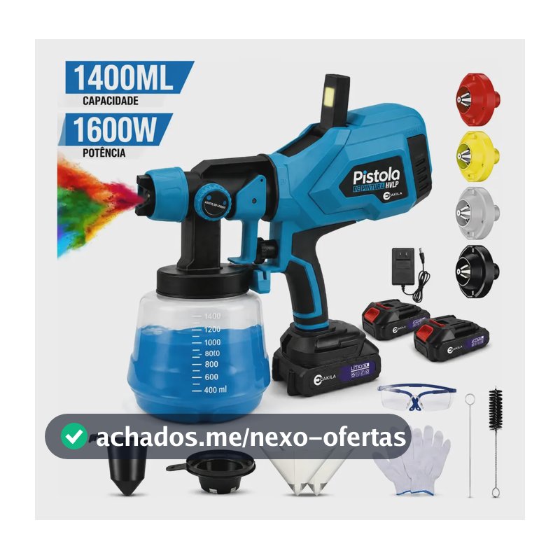 Pistola de Pintura Elétrica HVLP CAKILA Sem Fio Com 2 Baterias Recarregáveis e Reservatório de 1400ml
