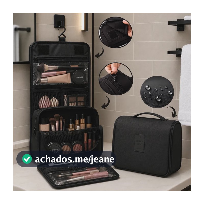 Necessaire Gancho Bolsa Dobrável Organizadora Viagem Necessaire Unissex Dobravel Higiene Mala Com Divisórias Cabide Impervemeal Feminina Masculina De Pendurar Porta Maquiagem Cor Preto - Marca Miran