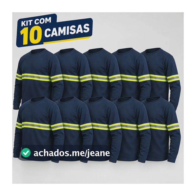 Kit 10 Camisetas Manga Longa Faixa Refletiva Uv Obra Rodovia Azul-marinho G