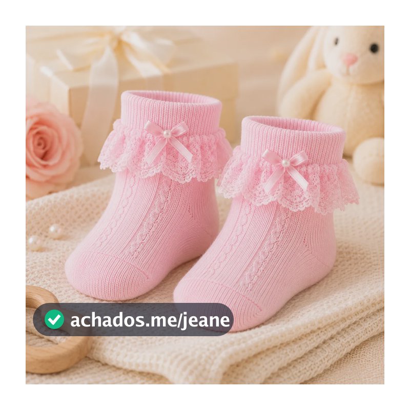 Meia Soquete Rendada Infantil Bebe Batizado Social Festa Nfe Rosa P - 23 Ao 25