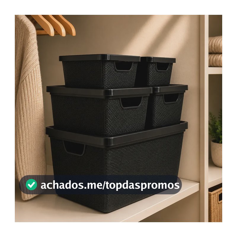 Kit 5 Caixas Organizadoras Cesto Tampa Multiuso 2l 6l 16l Preto