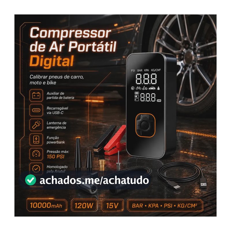 Auxiliar de Partida de Bateria Veicular Portátil Com Compressor de Ar Para Carro e Moto