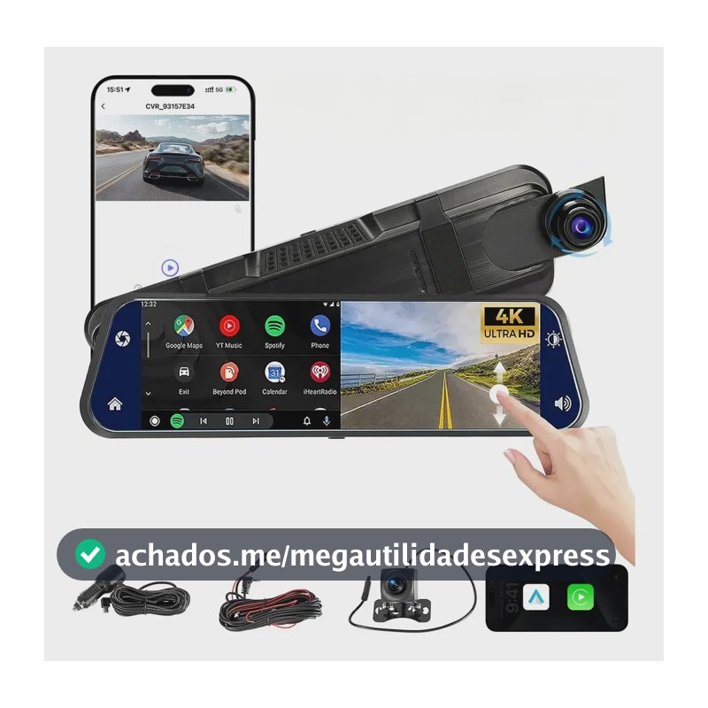 Câmera Veicular Automotiva Carro Com Wifi 4k+1080p Tela 10in