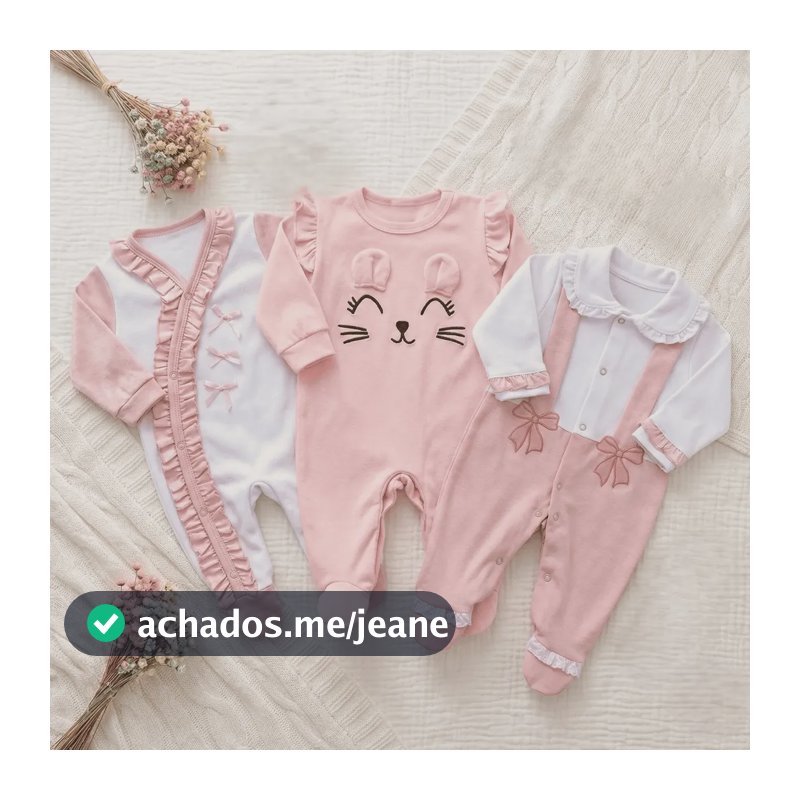 Kit Macacões Menina 3 Peças 100% Algodão Rosa P