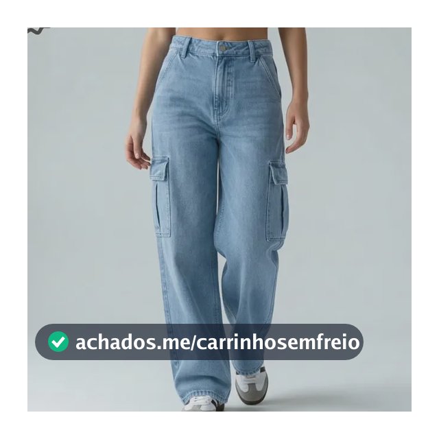 Calça Jeans Wide Leg Cargo Preta Feminina Cintura Alta