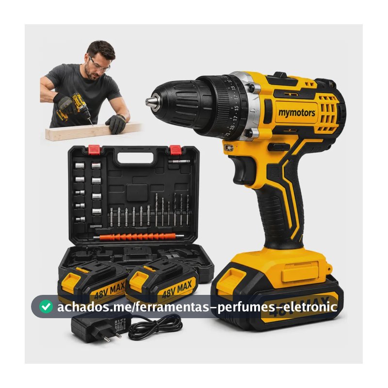 Parafusadeira Furadeira 48v Profissional 2 Baterias Sem Fio Amarelo 127/220v 60 Hz