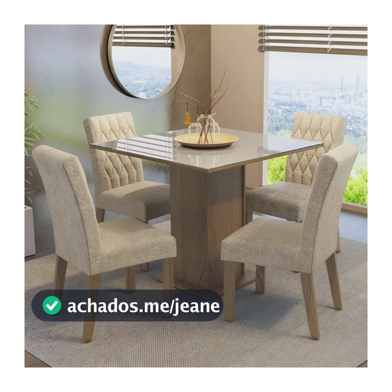 Sala Jantar Estofada Mesa Tampo Vidro 4 Cadeiras Madesa Anaju Rci Cor Rustic/Crema/Imperial MDJA0401387GSIM
