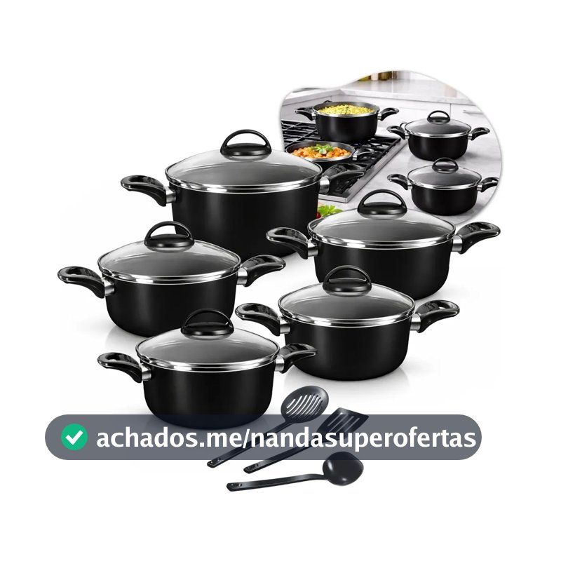 Conjunto De Panelas Caçarolas 5 Peças Antiaderente Com 3 Utensilios E Tampa De Vidro Preto