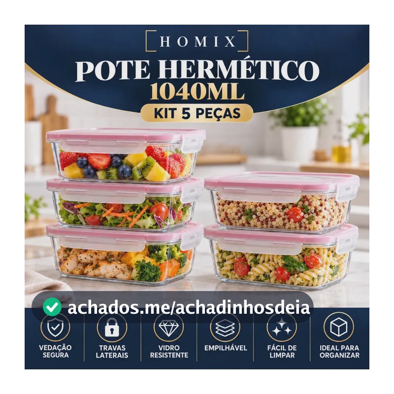 Kit 5 Potes Vidro Hermético 1040ml Retangular 4 Travas Marmita Premium Homix