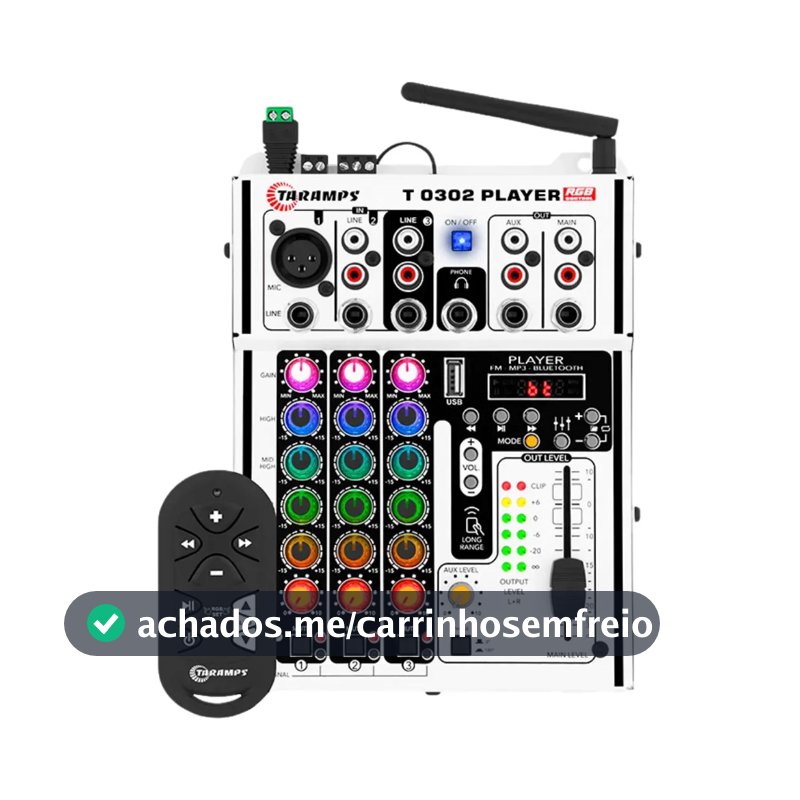 Mesa de Som 3 Canais Player Multicolor T0302 Mixer Taramps Equalizador Mp3 Usb Fm Bluetooth 72 Efeitos Rgb Led
