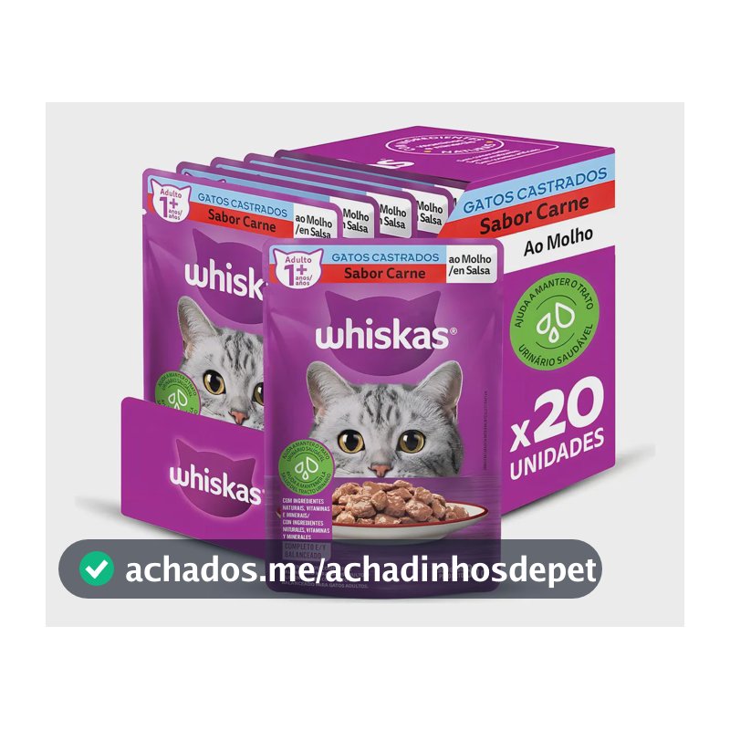 Pack Ração Úmida Whiskas para Gatos Adultos Castrados Sachê Carne ao Molho, 85g - 20 unidades