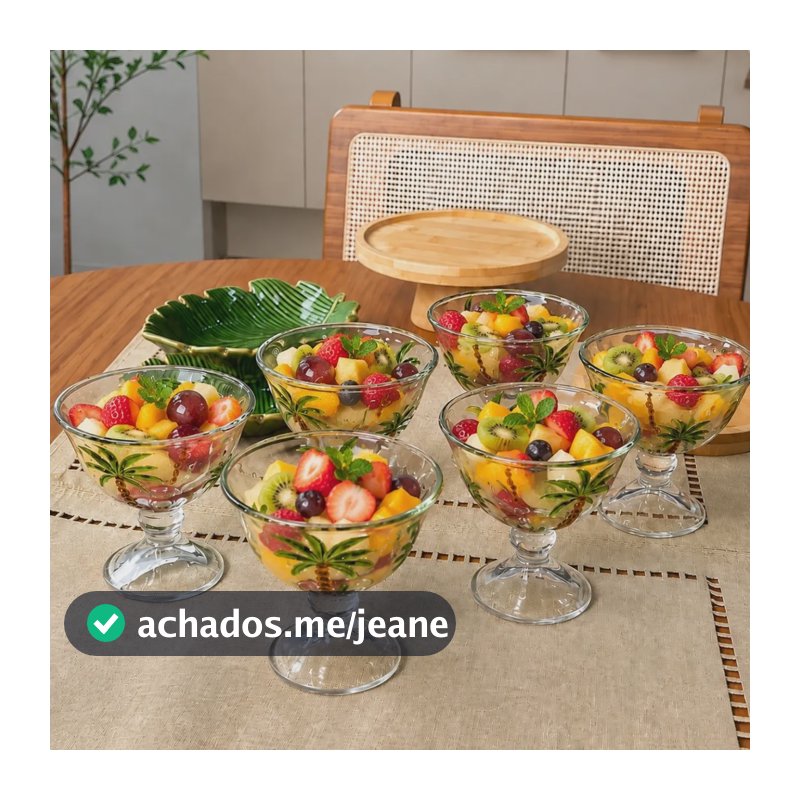 Jogo 6 Taças Para Sobremesa Sorvete Doce Transparente 180ml Transparente E Verde