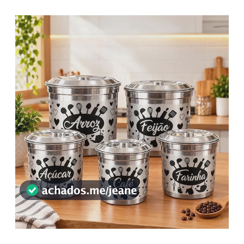 Jogo De Mantimentos 5 Peças Pote Decorado Em Aluminio Polido/preto