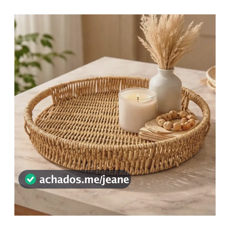 Bandeja Redonda Organizadora Decorativa Rattan Vime Café Palha