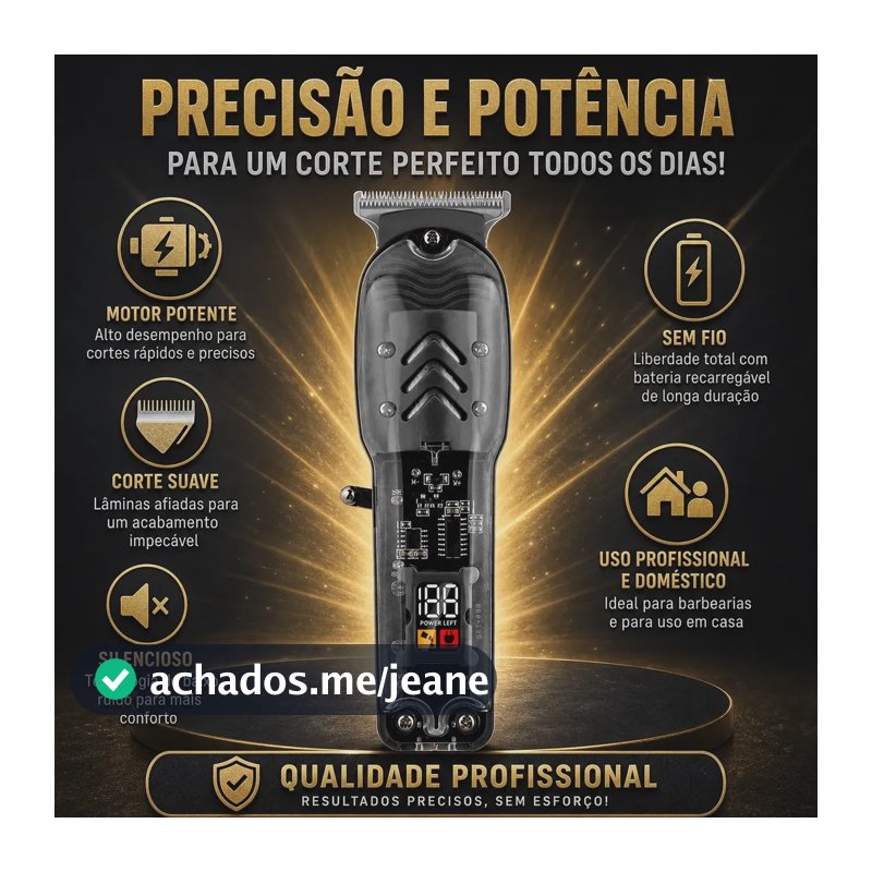 Máquina de Acabamento para Cabelo e Barba sem Fio com Lâmina T de Aço e Display Digital