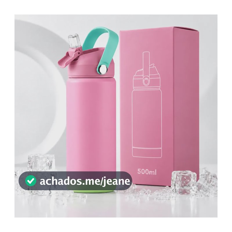 Garrafinha Térmica Infantil Kids Inox 500ml Alça Com Canudo Rosa