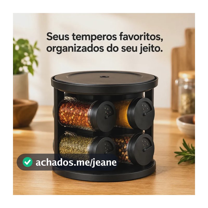 Porta-Temperos Giratório Luxena de Vidro Com 6 Potes e Tampa Hermética Para Bancada Condimentos Ervas Transparente Moderno Compacto Premium 02 Andares Organizador