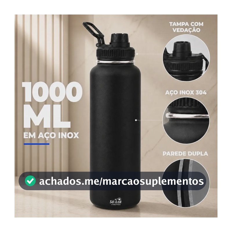 1000ml Garrafa Térmica Isolada A Vácuo Squeeze Aço Inox 304 para Água Gelada Esporte Academia com Alça e Bico Preto Sólar