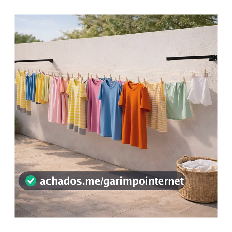 Varal De Roupa Retratil Dobravel De Parede + 20m De Corda Preto