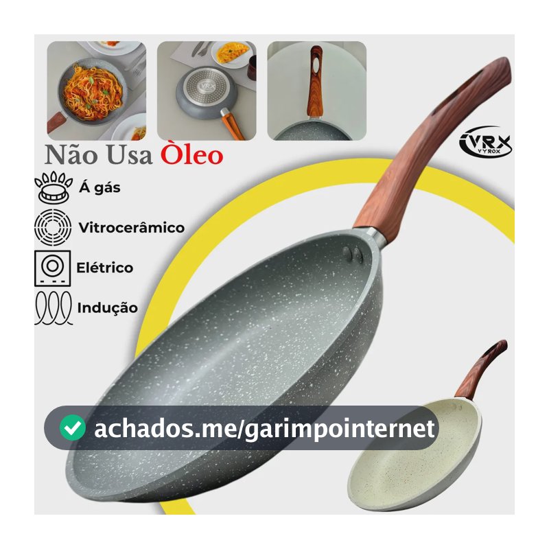 Frigideira Cerâmica 24cm Grande Premium Antiaderente Fogão Cooktop Gás Elétrico Indução Fundo Triplo Frita sem Óleo Cozinha Profissional Cabo de Baquelite Soft Touch Antitérmico VYROX
