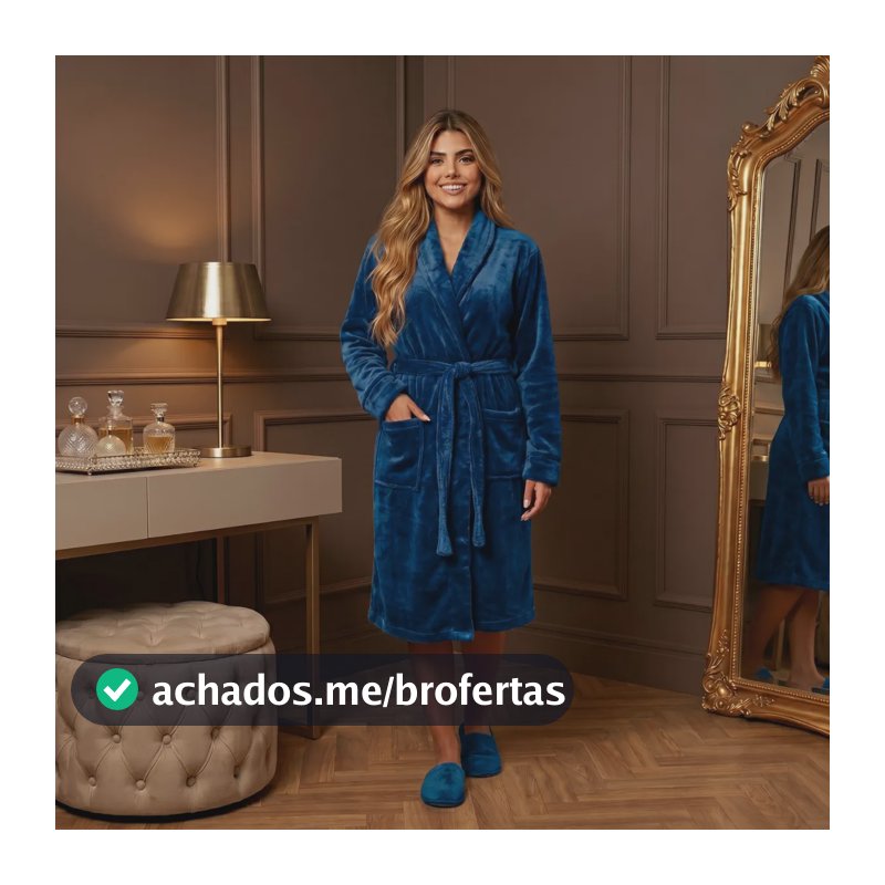 Roupão Adulto Microfibra Plush Macio Com Bolso Cinta Unissex Azul-marinho P/g