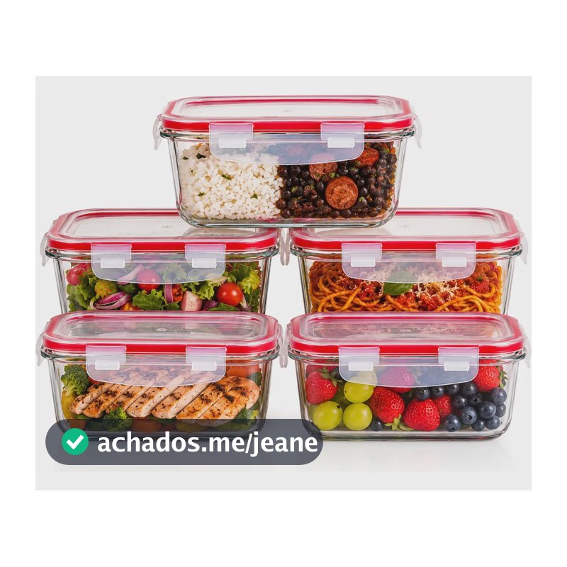 Kit 5 Potes De Vidro Marmita Hermético 640ml Freezer Fitness Transparente
