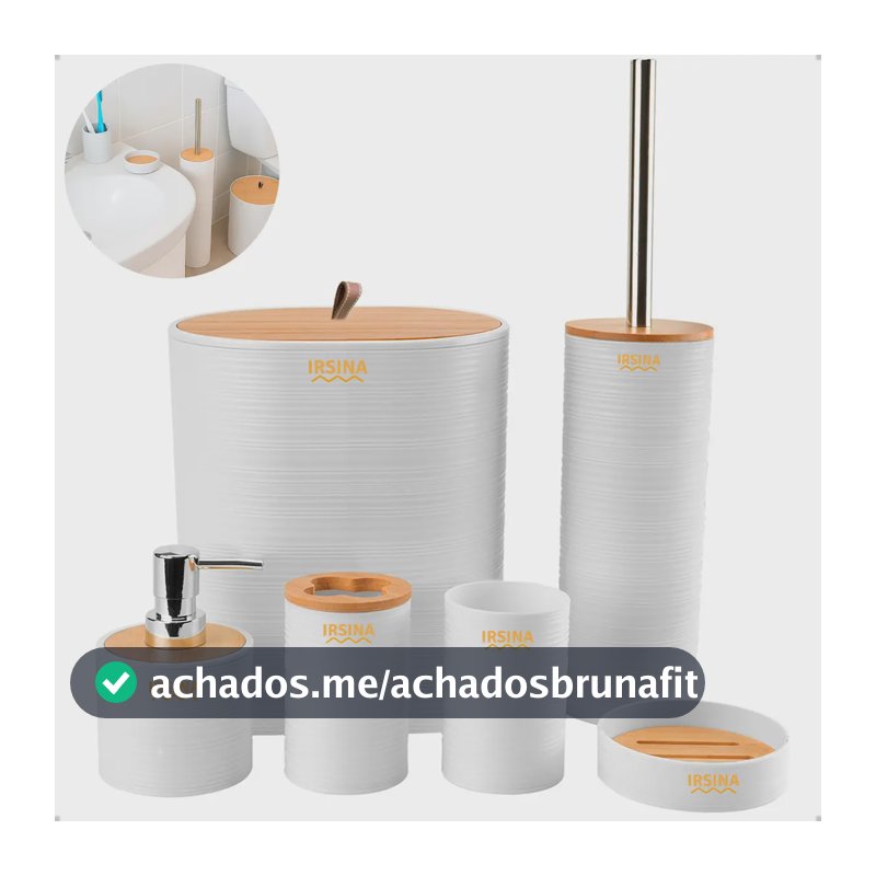 Kit Banheiro Conjunto De Acessórios Moderno Bambu Lixeira Saboneteira Escova Cor Branco Irsina