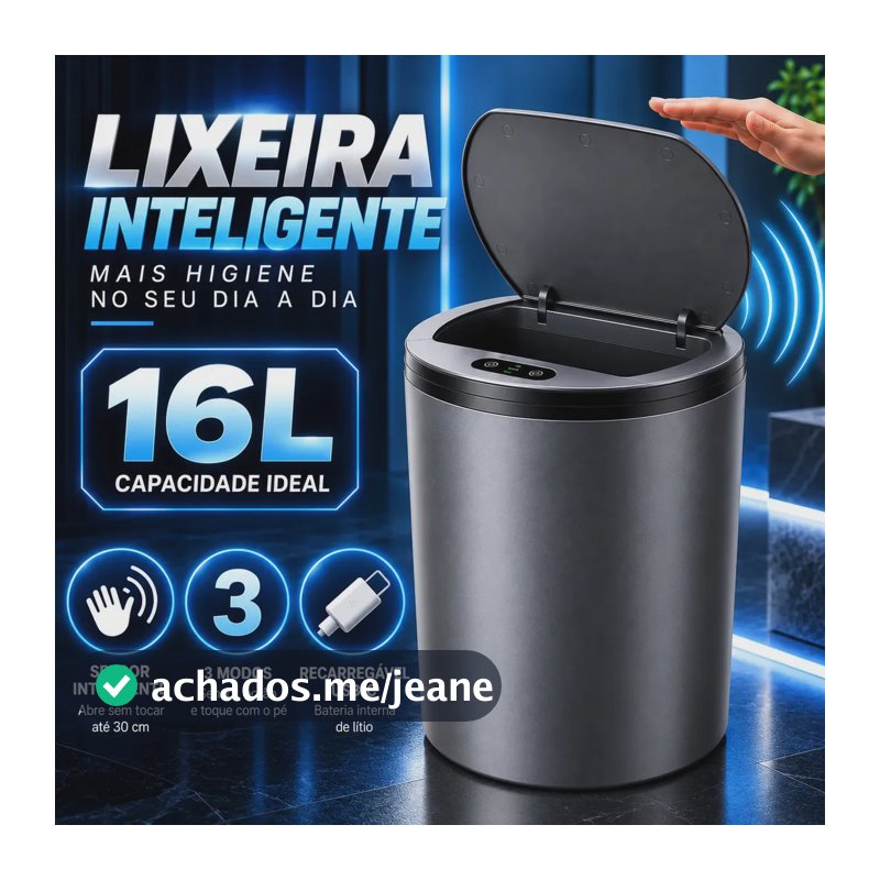 Lixeira Inteligente Automática 16L com Sensor Infravermelho Recarregável USB para Banheiro Cozinha Escritório