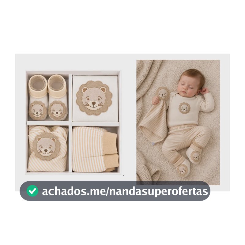 Kit Presente Bebê 4 Pçs Roupa Enxoval Menino Menina Algodão Bege Leao Longo P