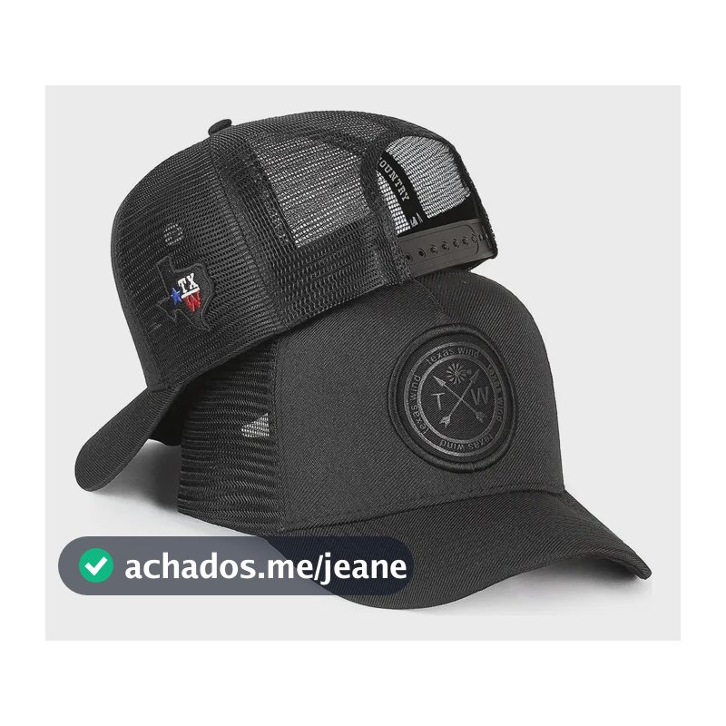 Boné Country Texas Trucker Telinha Aba Curva Ajuste Traseiro Preto Un