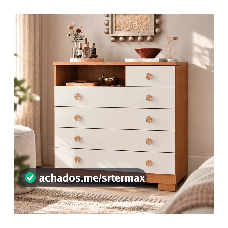 Cômoda 5 Gavetas Para Quarto Adulto Solteiro Com Nicho Pés Corrediças Telescópicas Multiuso Organizadora De Roupas Cor Nature Off White