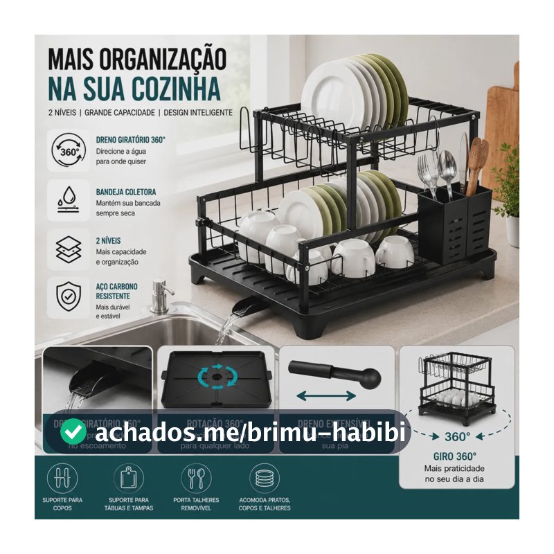 Escorredor de Louça Inox 2 Andares Preto para 16 Pratos com Bandeja e Bico Giratório 360º