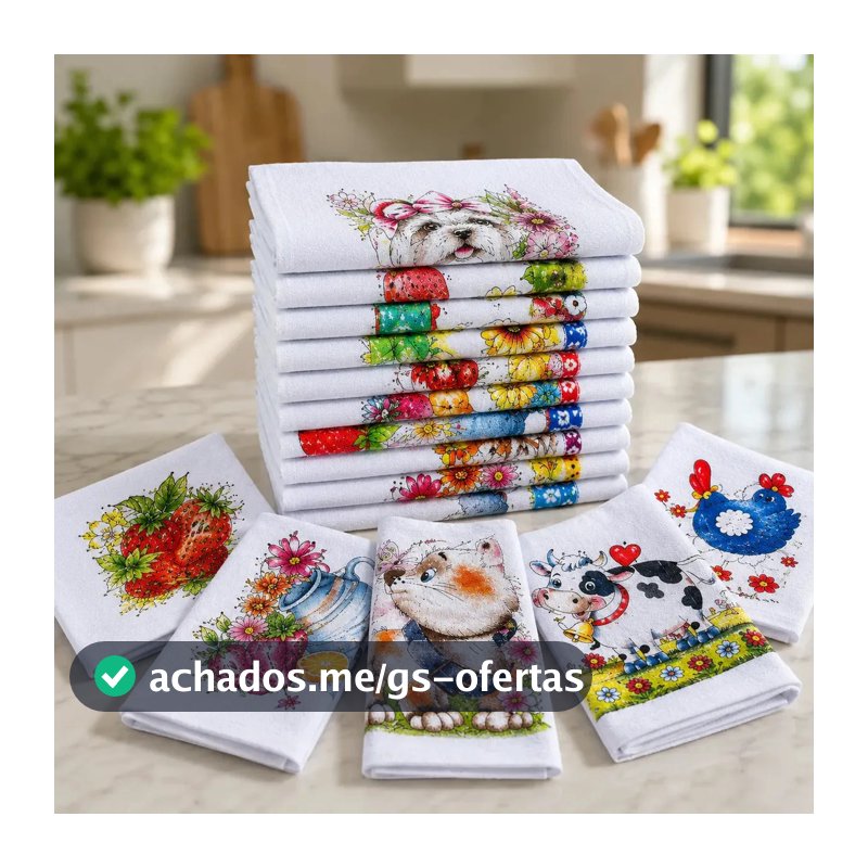 Kit Com 10 Panos De Prato De Algodão Estampado Grande Para Cozinha E Limpeza