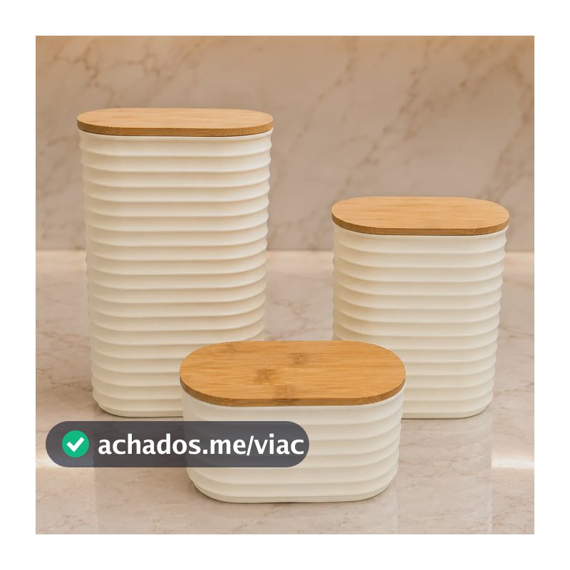 Kit Pote Porta Mantimentos Plástico Tampa De Bambu Cozinha Kit De 3 Off White Pmg