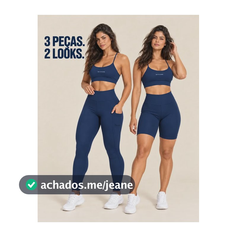 Kit Fitness Feminino: Calça Legging + Top + Shorts Cós Alto Azul-marinho Liso G