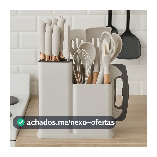 Kit Utensílios De Cozinha Em Silicone Com Cabo De Madeira Kit10 Branco