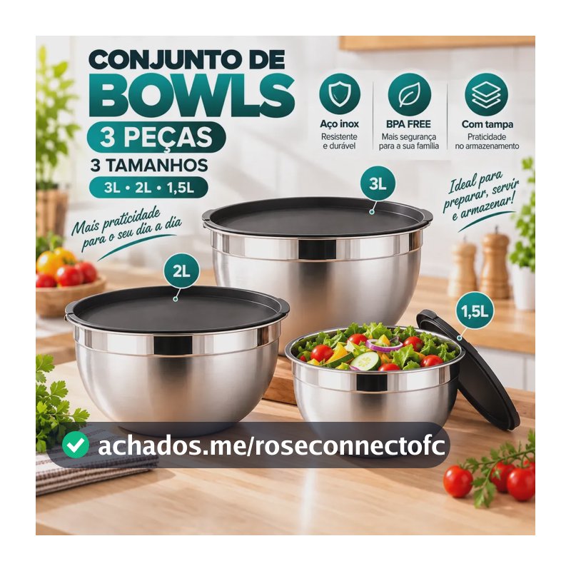 Kit3 Conjunto Pote Tigela Bowls Inox Com Tampa Hermética Prateado