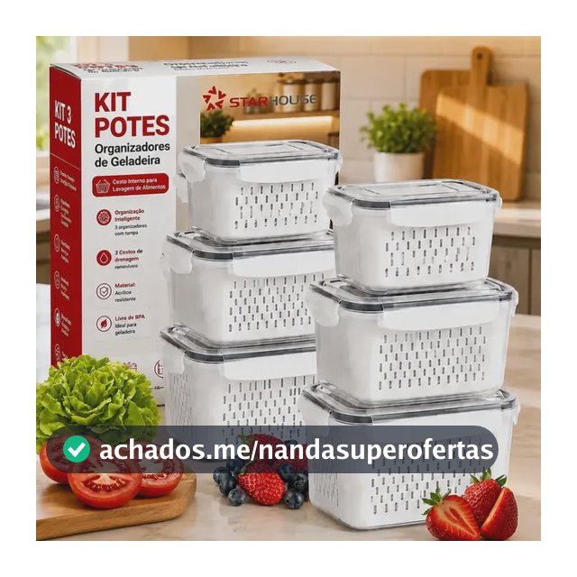 Kit 6 Organizadores Geladeira Alimentos Legumes Verduras Frutas Transparente Com Tampa Trava Hermético Escorredor - Starhouse