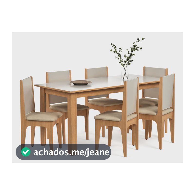 Conjunto de Sala de Jantar Sara Retangular para 6 Lugares com Cadeiras Estofadas Mel Off White