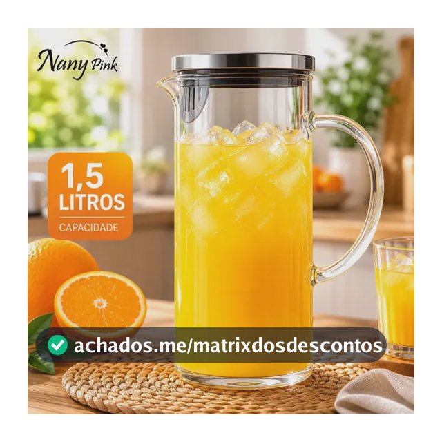 Jarra Vidro Borossilicato 1,5 Litros Tampa Inox Hermética Agua Suco Transparente - Nany Pink