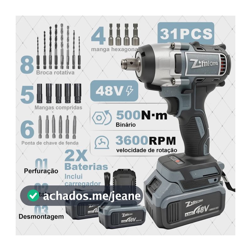 Chave De Impacto Profissional 2 Baterias 1/2 Motor Brushless 500 Nm 3600 Rpm Bivolt Maleta E Acessórios Alta Potência Motor Sem Escovas