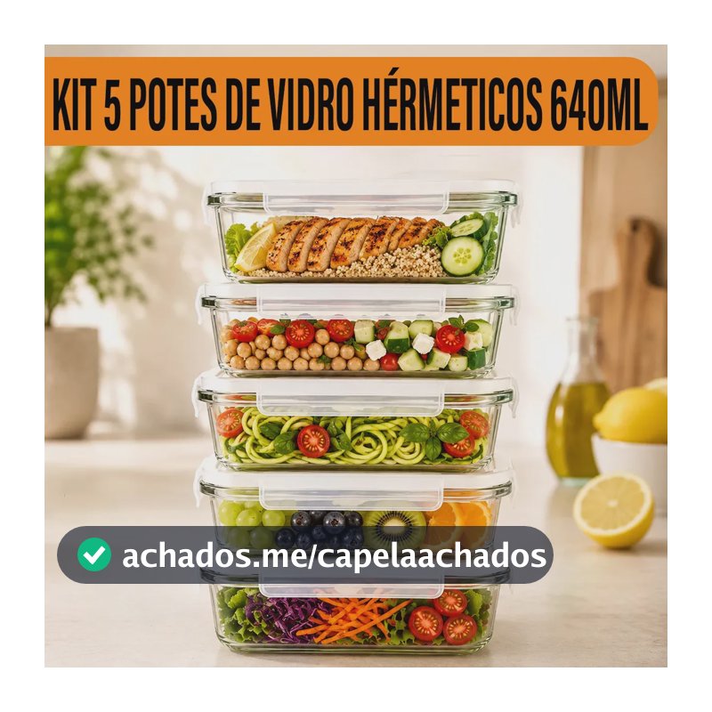 Yab - Kit 5 Potes De Vidro Marmita C/ Tampa Hermético 640ml Retangular 4 Travas Borossilicato Alimentos Micro-ondas Freezer Geladeira
