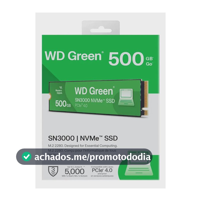 SSD WD Green SN3000, 500GB, M.2 2280, PCIe NVMe, Leitura 5000MB/s, Gravacao 4100MB/s, WDS500G4G0E