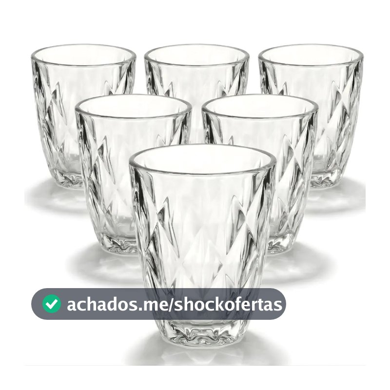 Jogo 6 Copos Diamond 300ml Vidro Grosso Diamante Luxo Moderno Resistente Buffet Casual Baixos Transparente