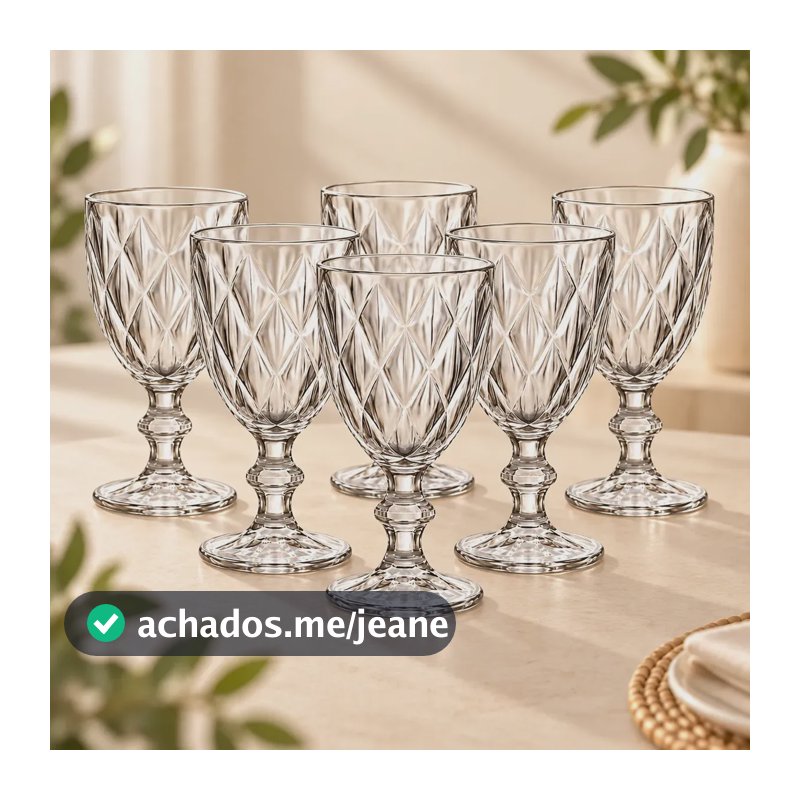 Jogo 6 Taças Vidro Domus Diamond 340ml Transparente Vinho Água