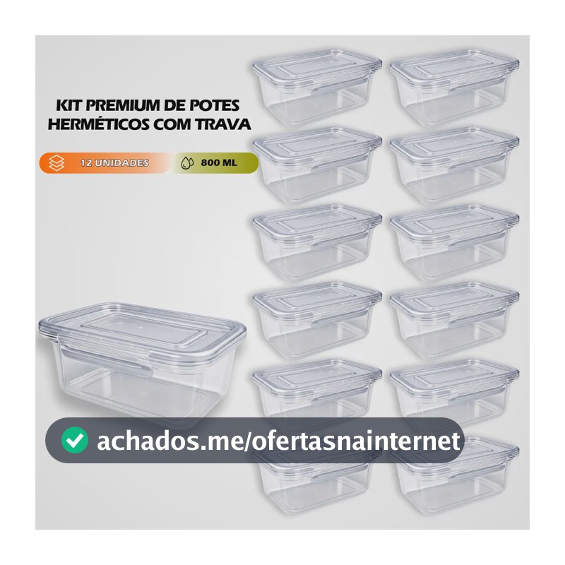 Kit 12 Marmitas 800ml Potes Trava Lateral Freezer Microondas Transparente