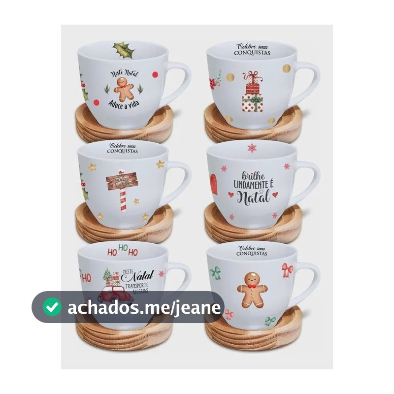 Kit 6 Xícaras 170ml Natal Porcelana com Pires Madeira Puro Encanto