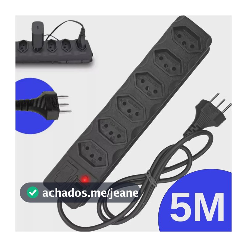 Régua Extensão Elétrica 6 Tomadas Filtro Linha 10a Cabo 5 Metros